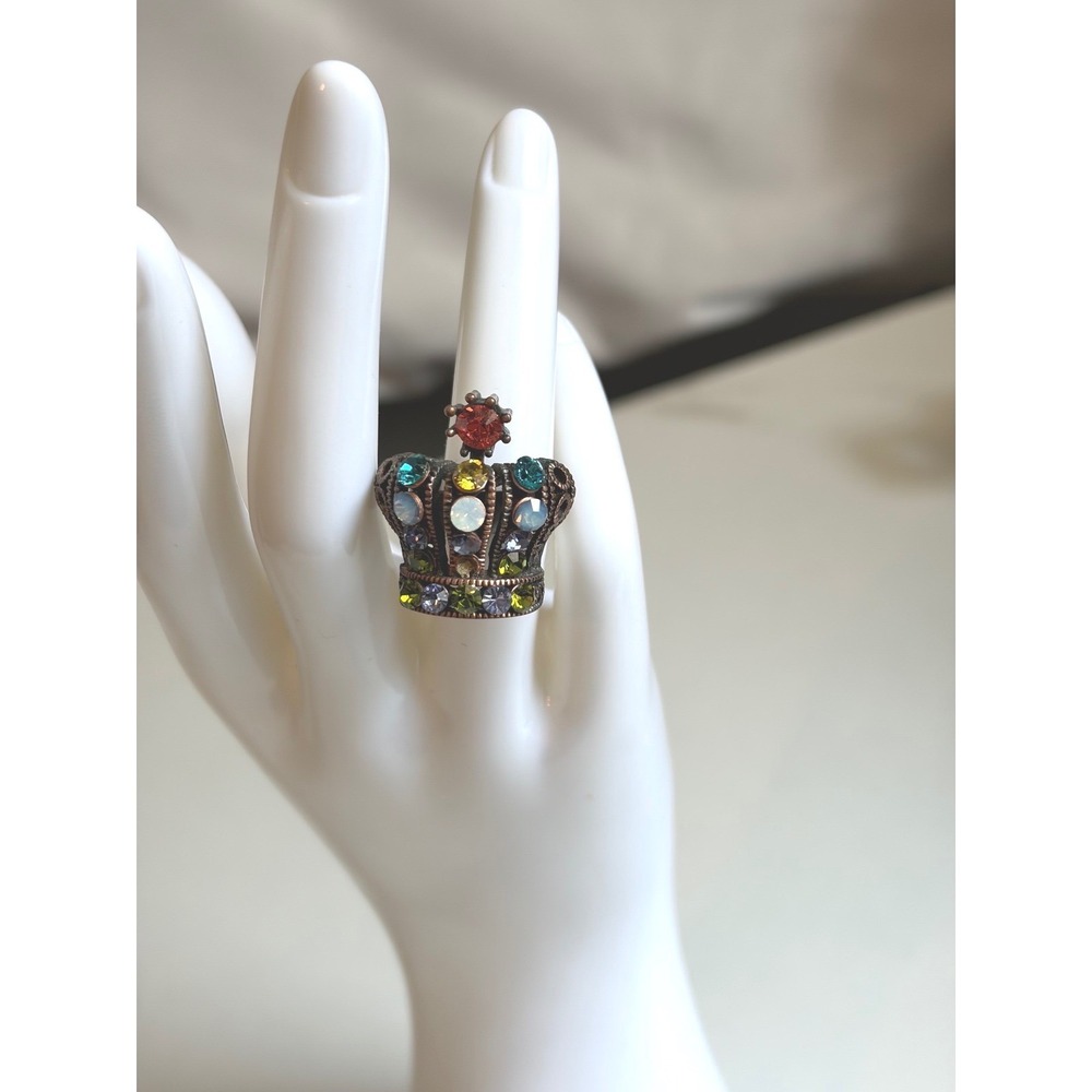 Vintage Style Antiqued Copper Crown Ring MultiColor Rhinestone Statement SZ 7.25